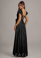 Azazie Aricella Black A-Line Corset Floral Burnout Dress black