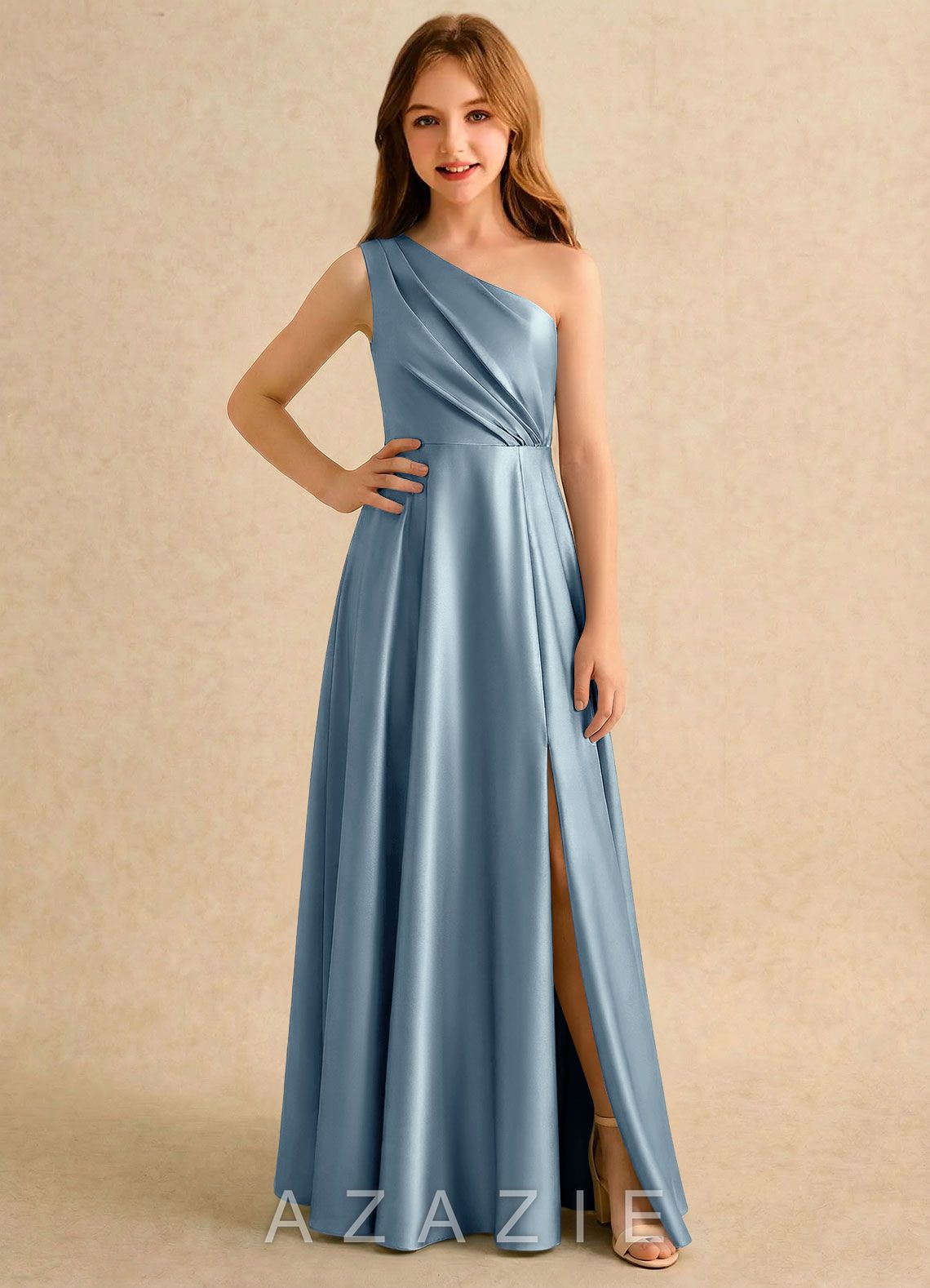 Azazie Puddles Girls Formal Dusty Blue A-Line One Shoulder Stretch Satin Dress