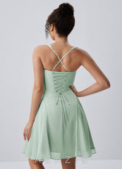 Isadora Agave Green Spaghetti Strap Chiffon Lace-Up Skater Mini Dress