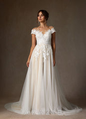 Azazie Cindy Wedding Dress Diamond White Champagne A-Line Illusion Off-The-Shouler Lace Tulle Dress