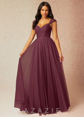 Azazie Luxi Cabernet A-Line Pleated Tulle Dress