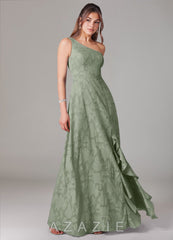 Azazie Ellianna Agave A-Line One Shoulder Floral Burnout Dress agave