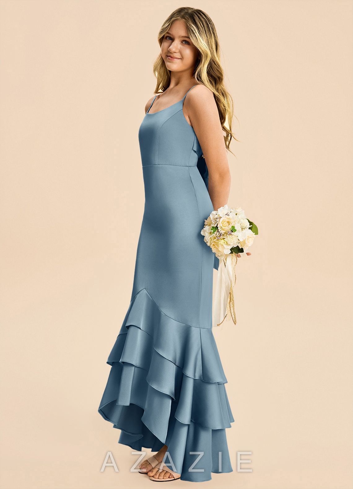 Azazie Fay Junior Dusty Blue Mermaid Ruched Stretch Satin Dress