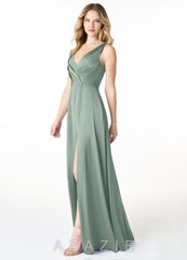 Azazie Nelly Agave A-Line V-Neck Pleated Stretch Satin Dress agave