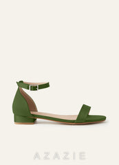 Matching Color Matte Satin Single Strap Ankle Buckle Block Flat Sandals