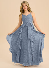 Azazie Peyton Junior Dusty Blue A-Line Pleated Floral Burnout Dress dusty_blue