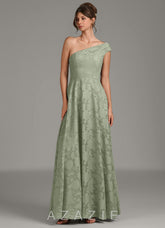 Azazie Melanie Agave A-Line One Shoulder Floral Burnout Dress