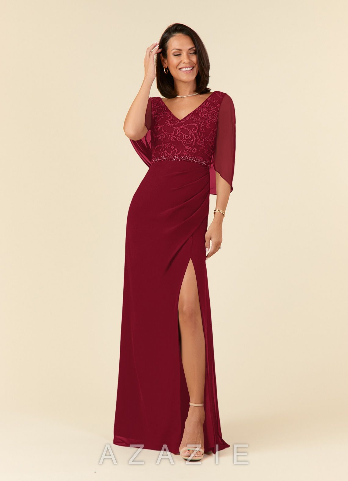 Azazie Laina Burgundy Mermaid Lace Chiffon Dress