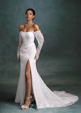 Azazie Zelda Diamond White Mermaid Side Slit Lace Dress