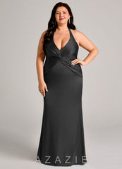 Azazie Valerie Black Mermaid Pleated Stretch Satin Dress black