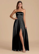 Azazie Wren Black A-Line Strapless Metallic Satin Dress