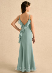 Azazie Kennie Girls Formal Agave Mermaid Pleated Chiffon Dress agave