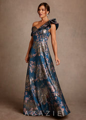 Azazie Des Moines Teal Floral A-Line One Shoulder Floral Jacquard Dress teal_floral