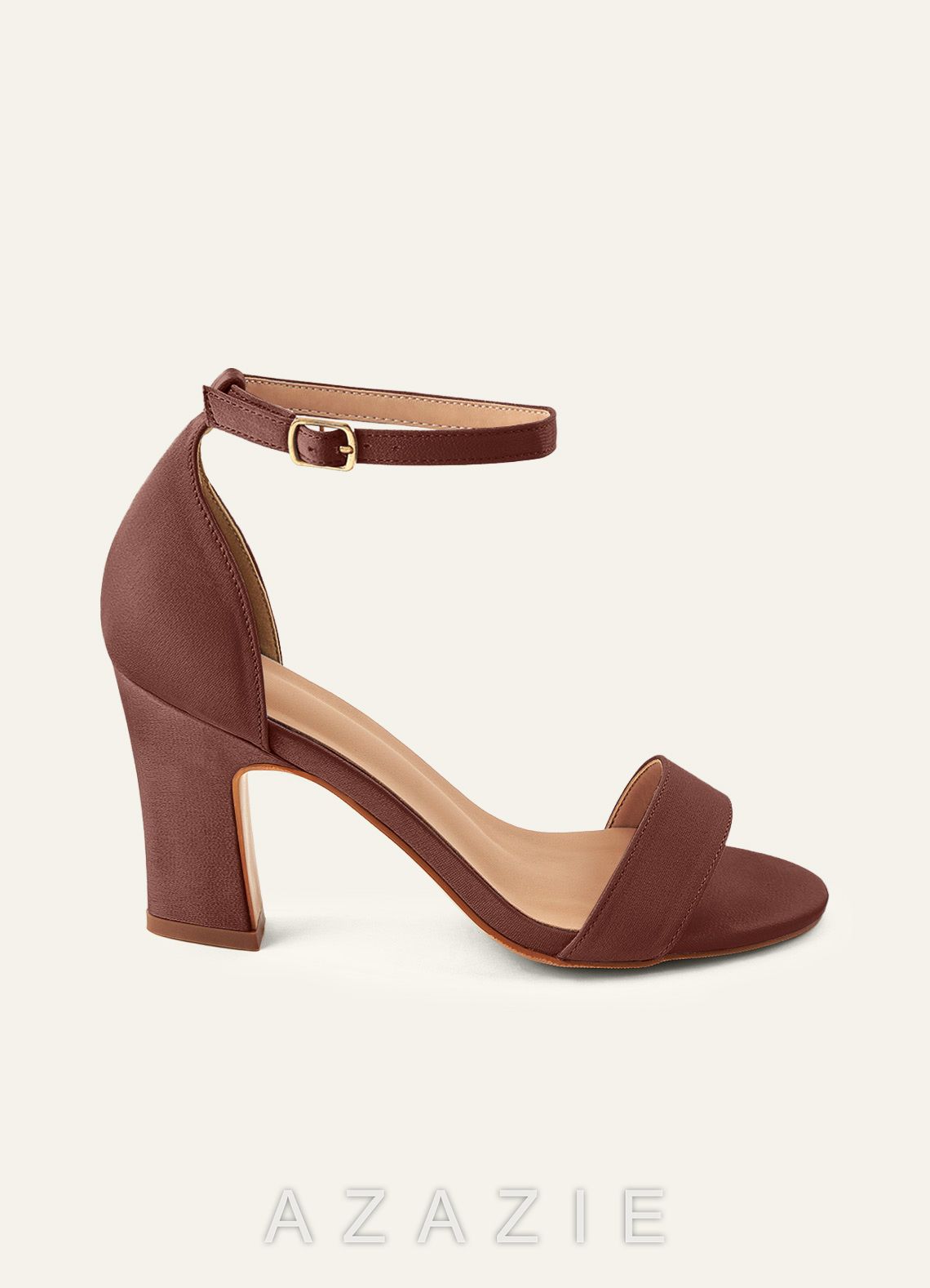 Matching Color Stretch Satin One Strap Buckle Chunky Heel Sandals