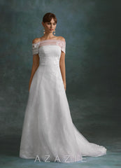 Azazie Berkely Diamond White A-Line Off the Shoulder Tulle Dress
