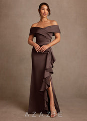 Azazie Kirsty Ganache Sheath Off the Shoulder Stretch Satin Dress