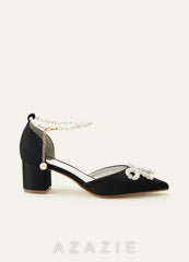 Matching Color Pearl Embellished Pointed Toe Matte Satin Block Heel Pumps Bow We