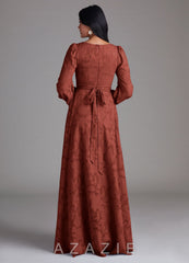Azazie Leonia Terracotta A-Line Long Sleeve Floral Burnout Dress terracotta