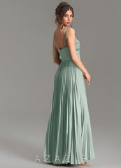 Azazie Blake Agave A-Line Pleated Stretch Satin Dress agave