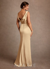 Azazie Baltimore Champagne A-Line Pleated Stretch Satin Dress champagne