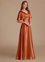 Azazie Pamela Auburn A-Line Pleated Metallic Satin Dress auburn