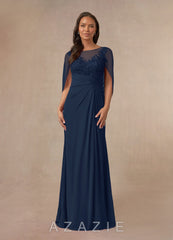 Azazie Hera Dark Navy A-Line Lace Capelet Chiffon Dress