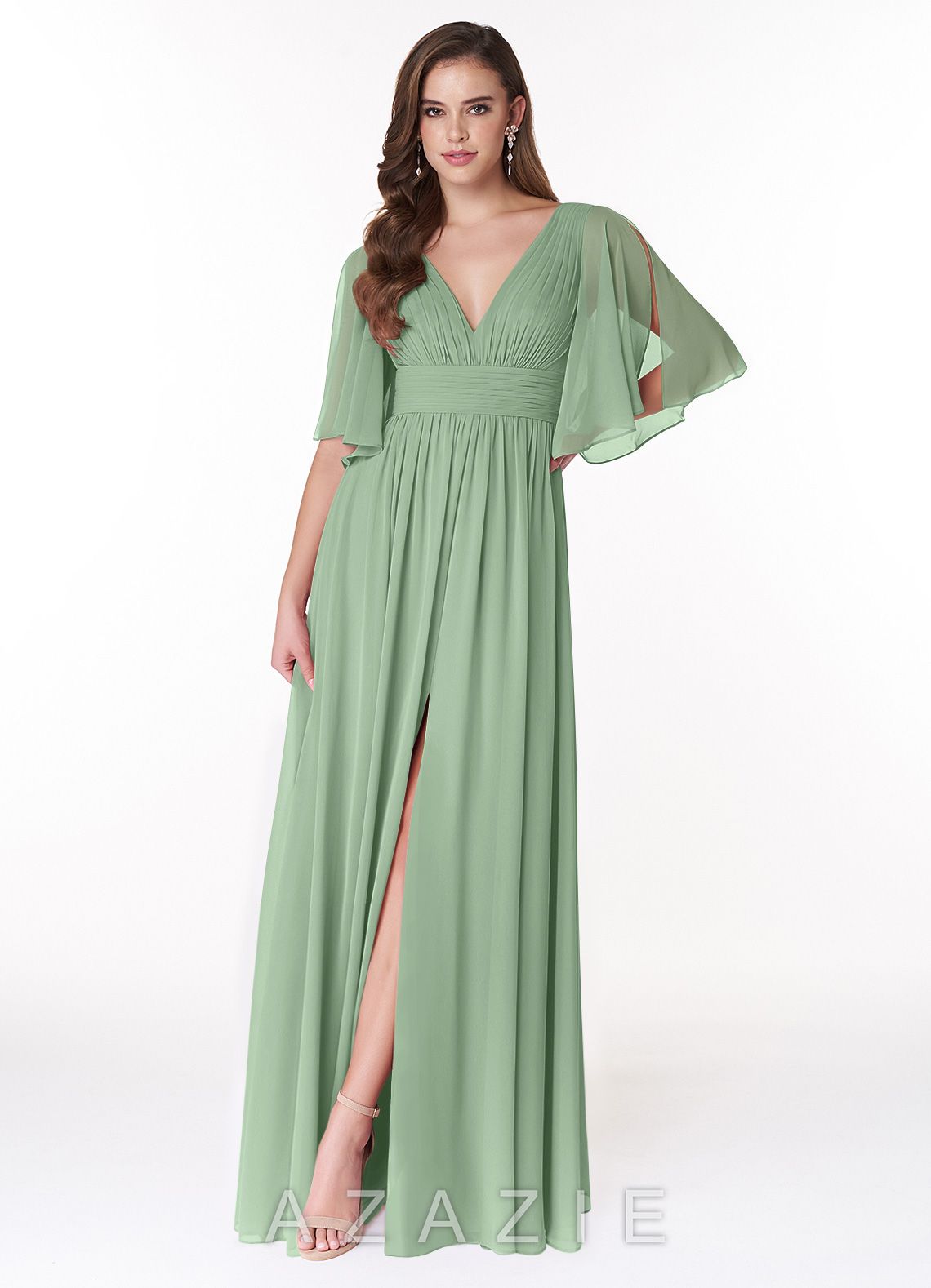 Azazie Temeka Matcha A-Line Ruched Chiffon Dress