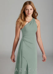 Azazie Maron Junior Agave A-Line Pleated Stretch Satin Dress agave