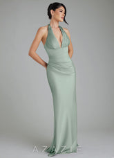 Azazie Torrance Agave Mermaid Corset Stretch Satin Dress