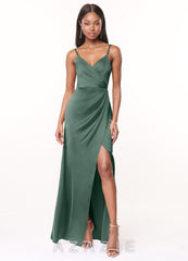 Azazie Maci Eucalyptus A-Line V-Neck Pleated Stretch Satin Dress