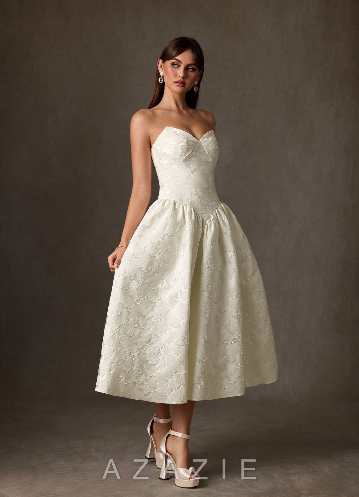 Azazie Devam Cream A-Line Strapless Floral Jacquard Dress