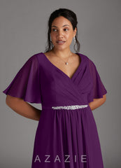 Azazie Tricia Grape A-Line V-Neck Pleated Chiffon Dress grape