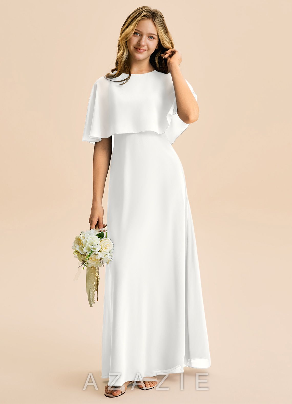 Azazie Maris Junior White A-Line Chiffon Dress