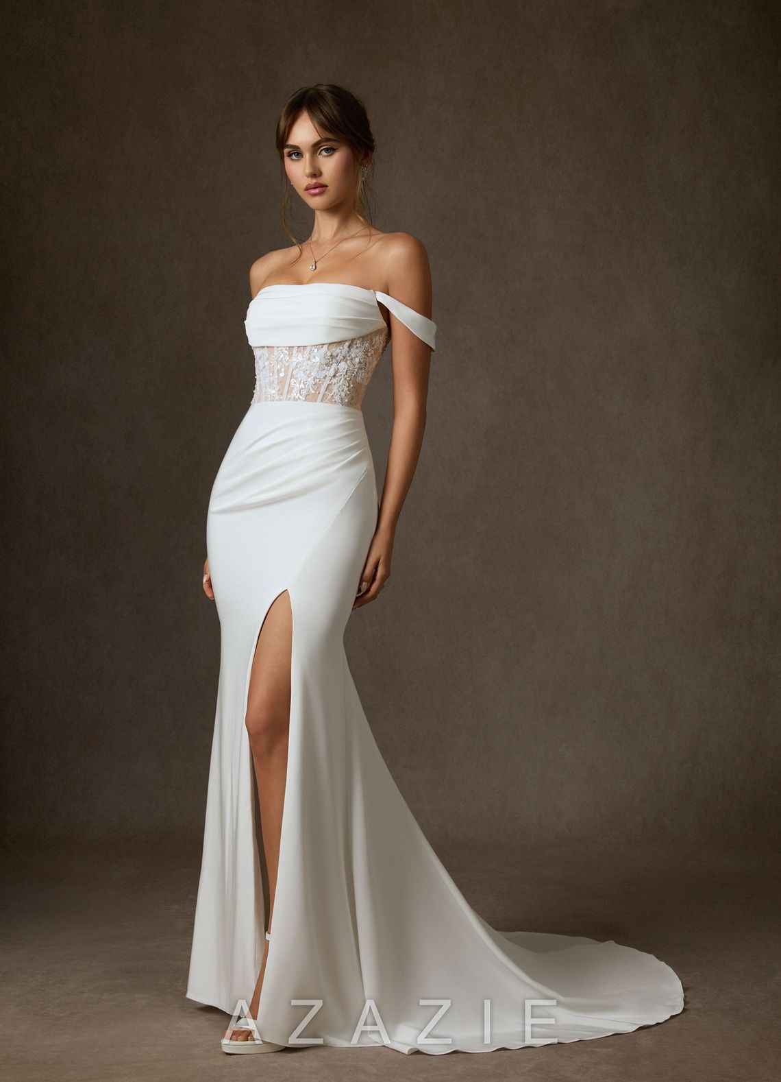 Azazie Alyce Diamond White Nude Mermaid Off the Shoulder Crepe Back Satin Dress