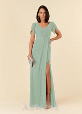 Azazie Marianne Agave Sheath V-Neck Pleated Chiffon Dress