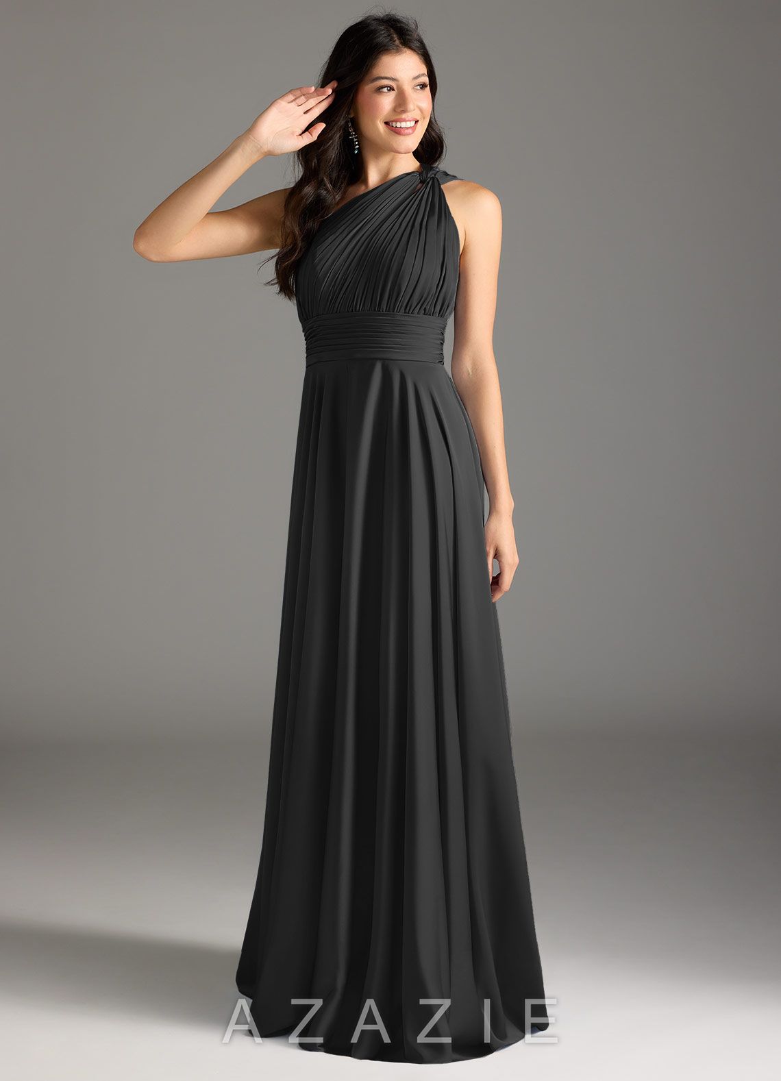 Azazie Charlize Black A-Line One Shoulder Stretch Satin Dress