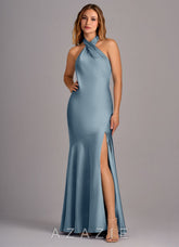 Azazie Lorena Dusty Blue Mermaid Pleated Stretch Satin Dress
