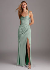 Azazie Brookelle Agave Sheath Sweetheart Corset Stretch Satin Dress