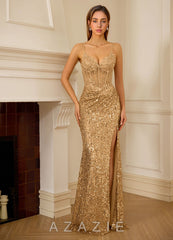 Dominsign Champagne Floral Sheer Corset Sequin Mermaid Dress