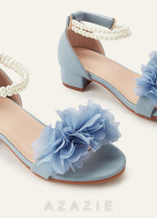 3D Chiffon Floral Pearl Ankle Strap Open Toe Flower Girl's Block Heels for Little & Big Kids dusty_blue