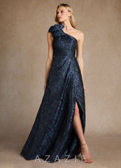 Azazie Easton Dark Navy A-Line One Shoulder Jacquard Dress dark_navy