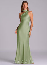 Azazie Seona Dusty Sage Mermaid One Shoulder Stretch Satin Dress