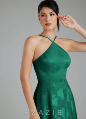 Azazie Siobhan Emerald A-Line Pleated Floral Jacquard Burnout Dress emerald
