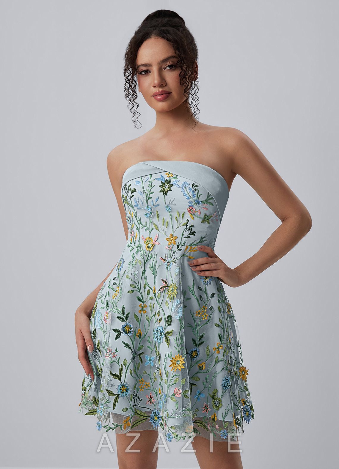 Margaux Sky Blue Strapless Floral Embroidery Lace-Up Skater Mini Dress