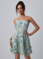 Margaux Sky Blue Strapless Floral Embroidery Lace-Up Skater Mini Dress