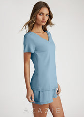 Bamboo Fiber V-Neck T-Shirt and Shorts Pajama Set dusty_blue