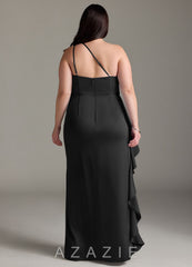 Azazie Latrice Black Sheath One Shoulder Cascading Ruffles Stretch Satin Dress black