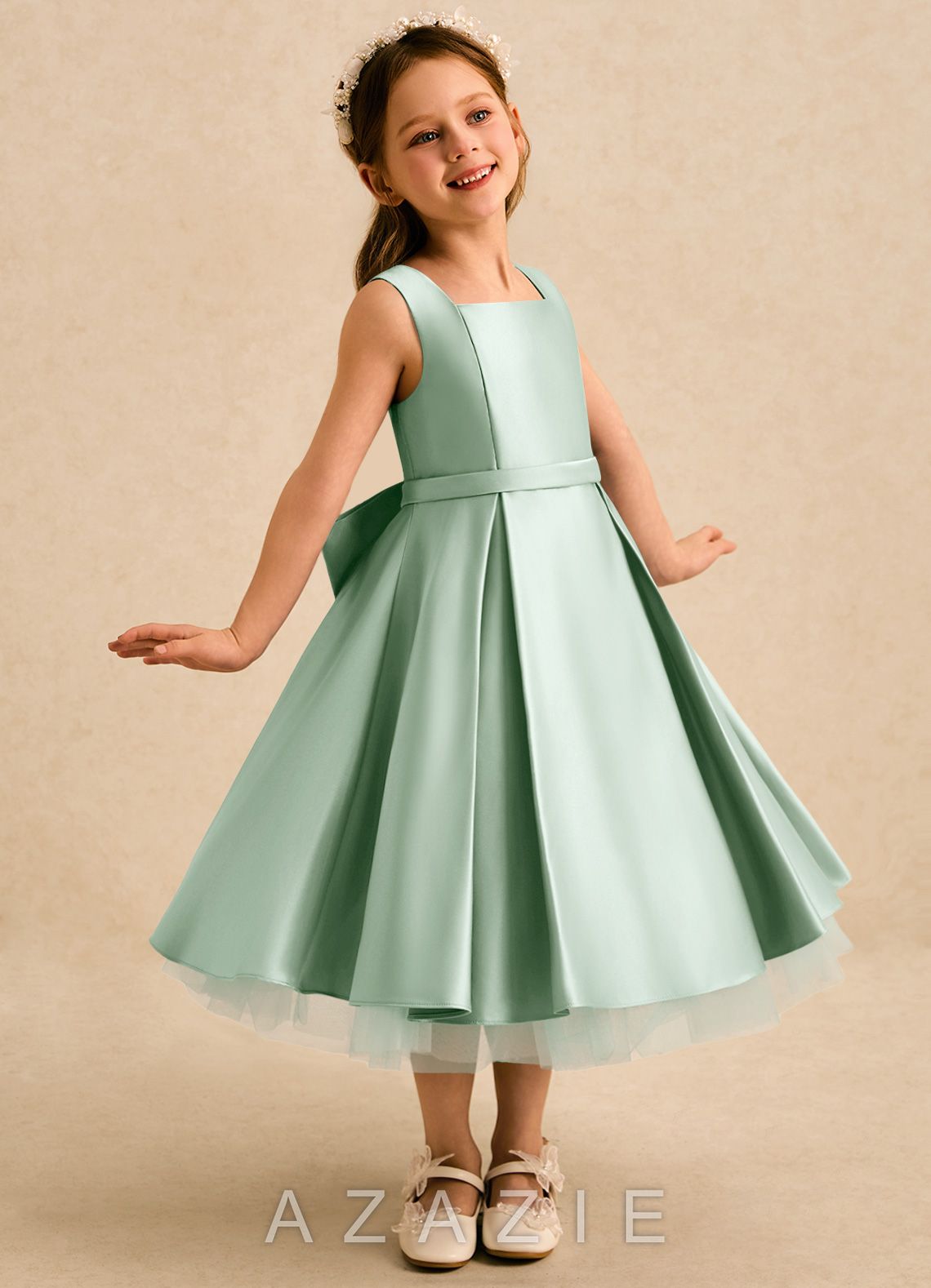 Azazie Josie Agave A-Line Pleated Matte Satin Dress