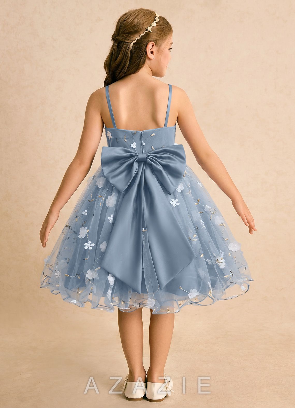 Azazie Junebug Dusty Blue Ball-Gown Spaghetti Strap Tulle Dress