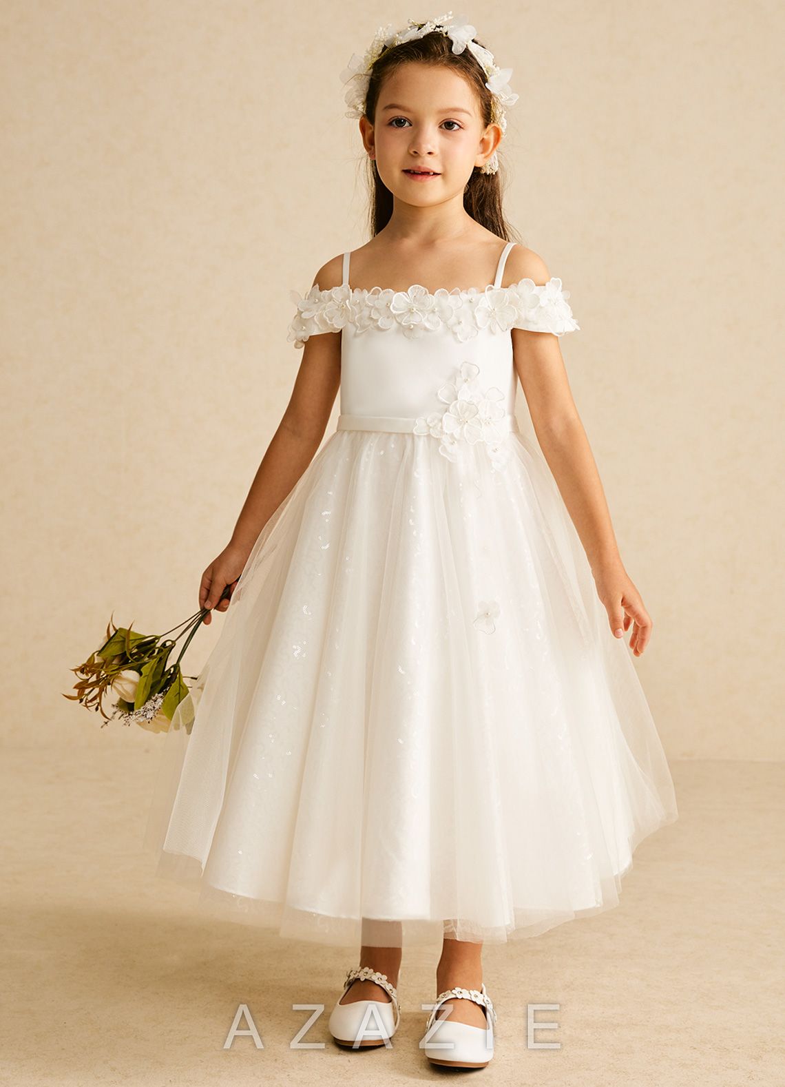 Azazie Patsie Ivory A-Line Off the Shoulder Tulle Dress